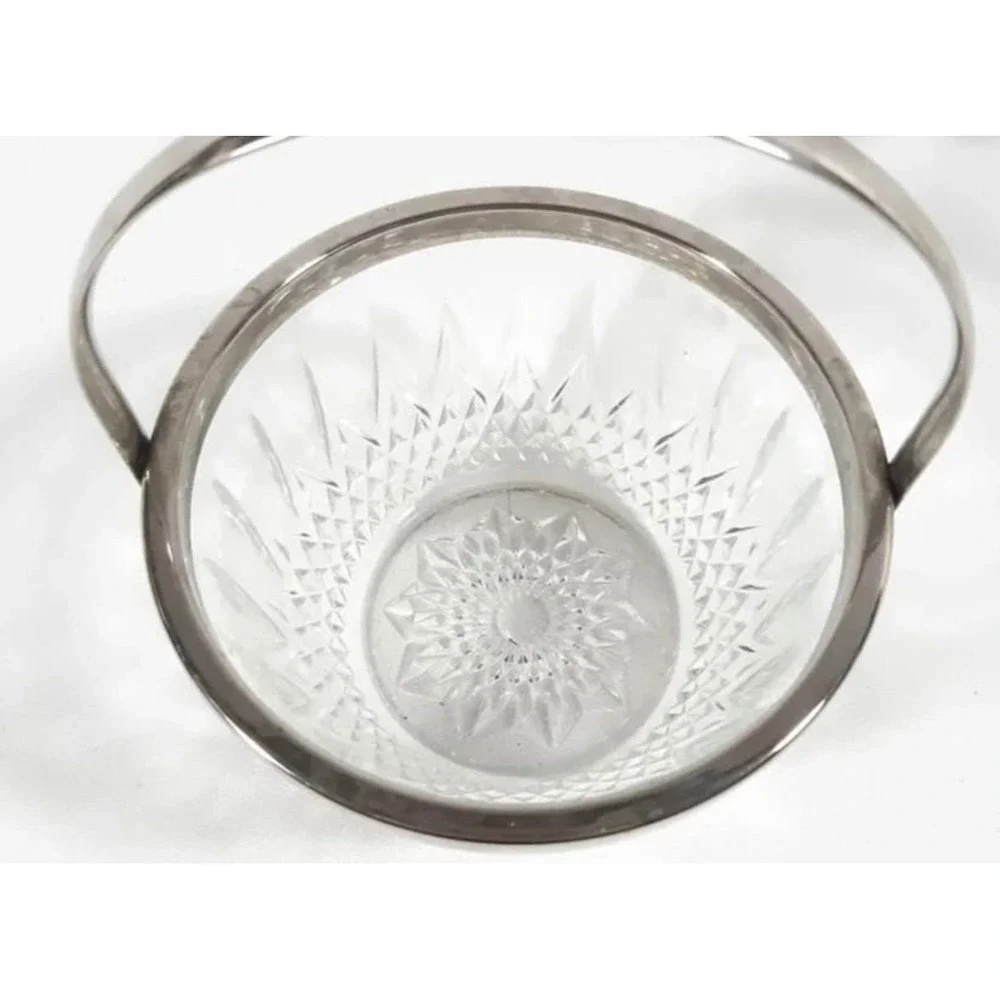Vintage Reims France Cut Crystal Candy Dish Silver Rim Swing Handle Sugar Bucket